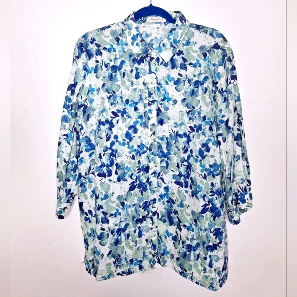ColdWater Creek" Linen In Full Bloom" Plus-size bloom core,100% linen blouse